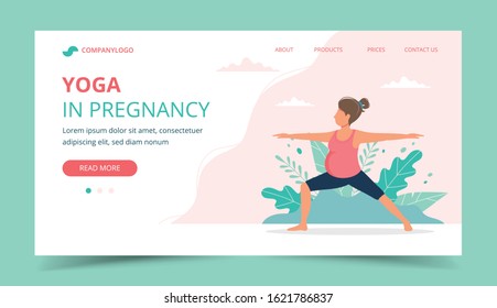 Pregnant woman doing prenatal yoga. Landing page design template. Cute vector illustration in flat style