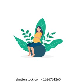 Pregnant woman doing prenatal yoga with fit ball. Illustration in flat style. Vector web page template.