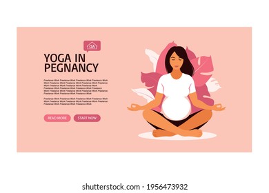 Pregnant woman doing prenatal yoga. Landing page template. Vector illustration. Vector. Flat