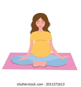 Pregnant Woman Doing Prenatal Yoga. Pregnancy Health Concept. Cute Vector Illustration In Flat Style