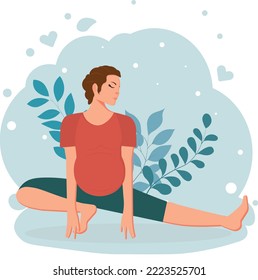 Pregnant woman doing prenatal yoga. Pregnancy health concept. Cute vector illustration in flat style