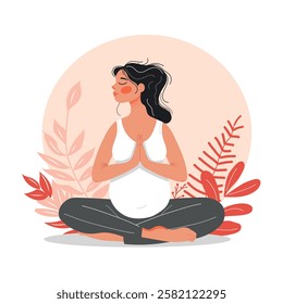 Pregnant woman doing prenatal yoga. Pregnancy health concept. Vector illustration in flat style