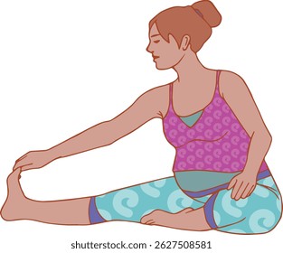 pregnant woman doing prenatal yoga in stretching pose – flat hand-drawn illustration