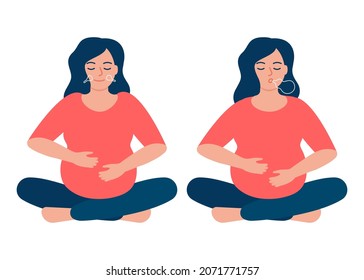 Pregnant Woman Is Doing Respiratory Breathing Exercise, Deep Exhale And Inhale. Breathing Exercise. Healthy Yoga And Relaxation, Keep Calm. Vector Illustration