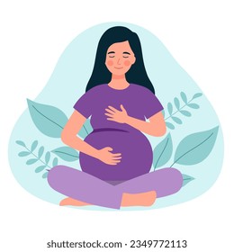 Pregnant woman doing respiratory breathing exercise in flat design. Deep exhale and inhale. Healthy yoga and relaxation, keep calm.