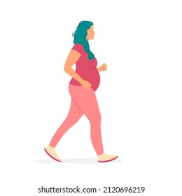 Pregnant woman doing sports walking. Color vector illustration.