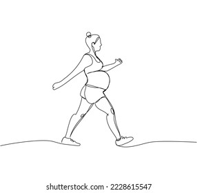 Pregnant woman doing sports walking one line art. Continuous line drawing of pregnancy, sports, motherhood, walking, jogging, fitness, preparation for childbirth.