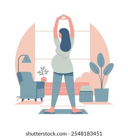 Mujer embarazada que hace ejercicio de estiramiento, Ilustración vectorial aislada en blanco. Mujeres embarazadas de yoga, concepto de embarazo feliz y saludable. Relájate y medita para la futura madre.