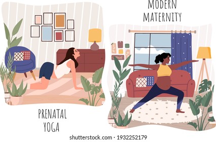 Pregnant woman doing stretching physical exercises set. Diverse women with belly practicing prenatal yoga exercise class. Pose collection, stretching in different poses, working out. 
