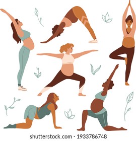 Pregnant woman doing stretching physical exercises set. Diverse women with belly practicing prenatal yoga exercise class. Pose collection, stretching in different poses, working out. 