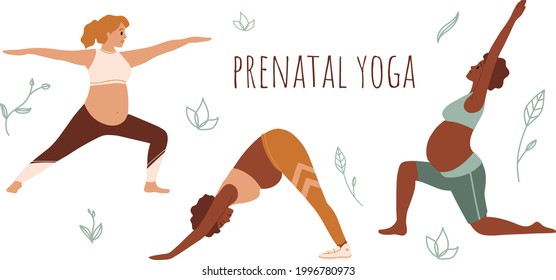 Pregnant woman doing stretching physical exercises set. Diverse women with belly practicing prenatal yoga exercise class. Pose collection, stretching in different poses, working out. 