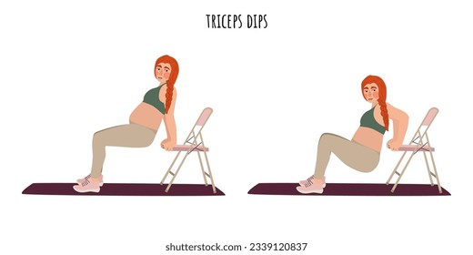 Pregnant woman doing triceps dips exercise. Feminism, self acceptance and liberty. Active lifestyle. Sport, wellness, workout, fitness. Flat vector illustration