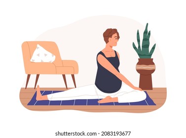 Pregnant woman doing twist exercises. Mother with belly during prenatal yoga workout. Female stretching gymnastics during pregnancy. Flat vector illustration isolated on white background