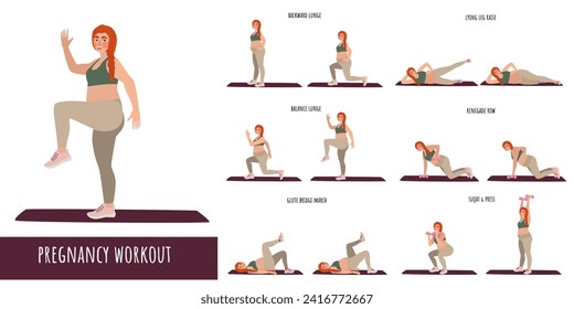 Pregnant woman doing workout. Feminism, self acceptance and liberty. Active lifestyle. Sport, wellness. Women workout, fitness. Flat vector illustration