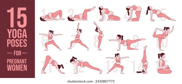 Pregnant woman doing yoga, 15 yoga asanas exercises for health and relaxation. Illustration vector isolated on white