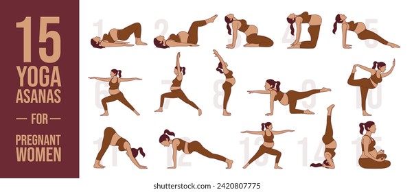 Pregnant woman doing yoga, 15 yoga asanas exercises for health and relaxation. Illustration vector isolated on white