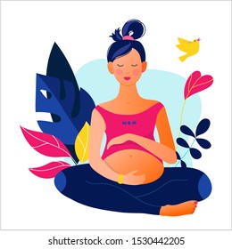 Pregnant woman doing yoga. Active well fitted pregnant female character. Happy pregnancy. Yoga and sport for pregnant. Flat cartoon vector illustration