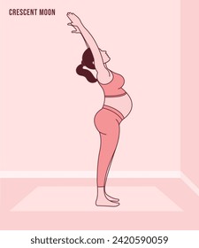 Pregnant Woman doing Yoga Crescent Pose, Crescent High Lunge Pose, Eight Point Crescent Moon Pose, Alanasan. Flat vector illustration