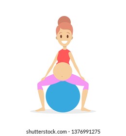 Pregnant woman doing yoga exercise. Pregnancy and fitness. Young female character sitting on fitness ball. Health and relaxation. Vector flat illustration