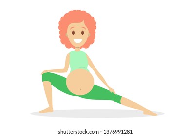Pregnant woman doing yoga exercise. Pregnancy and fitness. Young female character sitting in lotus pose. Health and relaxation. Vector flat illustration