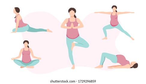 
Pregnant woman doing yoga, doing exercise .Set yoga poses for pregnant women. 
Healthy lifestyle. Vector illustration on white background. 