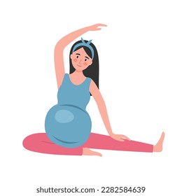 Pregnant woman doing yoga exercise for a good health in flat design on white background.