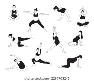 Pregnant woman doing yoga exercise. Different asanas for health and body relaxation. Hand drawn illustration isolated on white background.