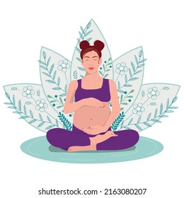 Pregnant woman doing yoga. Flat people meditating illustration. Pregnancy concept