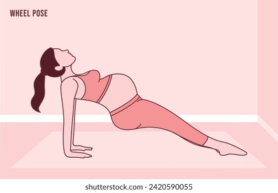 Pregnant Woman doing Yoga Half Wheel Pose - Ardha Chakrasana Yoga pose. Flat vector illustration