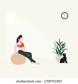 A pregnant woman doing yoga at home - a concept illustration of healthy, exercise, yoga