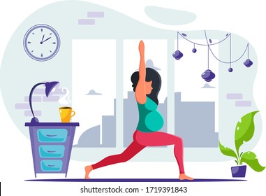 Pregnant woman doing yoga at home. Healthy pregnancy, yoga, meditation. Vector illustration.