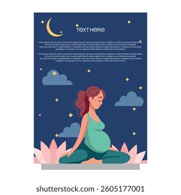 Pregnant woman doing yoga meditation. Calmness, peaceful, harmony pregnancy. Mindfulness relax woman card 