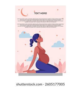 Pregnant woman doing yoga meditation. Calmness, peaceful, harmony pregnancy. Mindfulness relax woman card 