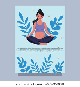 Pregnant woman doing yoga meditation. Calmness, peaceful, harmony pregnancy. Mindfulness relax woman card 