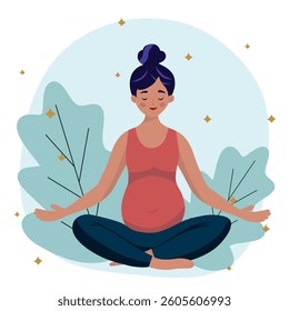 Pregnant woman doing yoga and meditation. Calmness, peaceful, harmony posture pregnancy period. Community mindfulness relax peace and clear mind 
