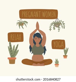 Pregnant woman doing Yoga in the middle of nature. People do sports for a poster about Yoga or Pilates. Vector illustration about sports during pregnancy. Vector illustration