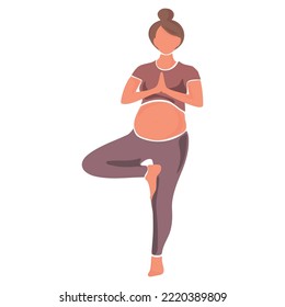 Pregnant woman doing yoga Minimal art design vector illustration.Tree pose asana.Happy active pregnancy,Healthy lifestyle,mental and physical health