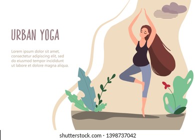 Pregnant woman doing yoga in nature. Vector banner in trendy flat style