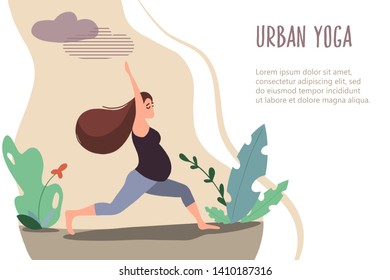 Pregnant woman doing yoga in nature. Vector card in flat linear style. Mother care banner