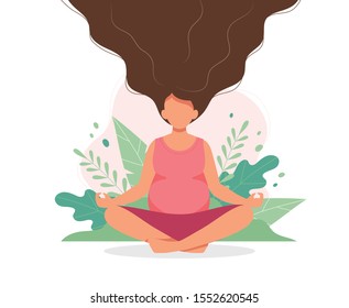 Pregnant woman doing yoga with nature background and her hair up. Cute vector illustration in flat style