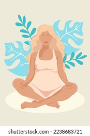 Pregnant woman doing yoga with nature background. Cute vector illustration in flat style.