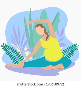 A pregnant woman doing yoga on a background of leaves