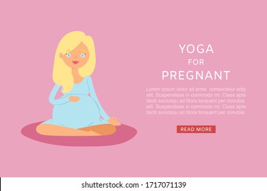 Pregnant woman doing yoga on a yoga mat vector illustration. Cute young lady in lotus pose and pregnancy yoga relaxation. Prenatal yoga class web banner.