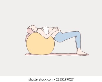 Pregnant woman doing yoga on mattress simple korean style illustration