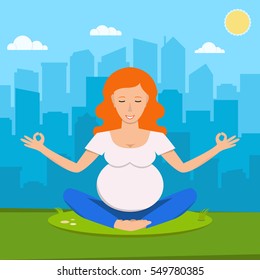 Pregnant woman doing yoga on the grass. City skyscrapers, clouds and sun on the background. Flat vector illustration.