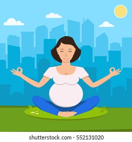 Pregnant woman doing yoga on the grass. City skyscrapers, clouds and sun on the background. Flat vector illustration.