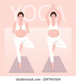 Pregnant woman doing yoga pose, lotus pose,Pregnant yoga fitness concept. Wellness and healthy lifestyle in pregnance. Woman expecting a baby doing yoga exercises. Landing page illustration