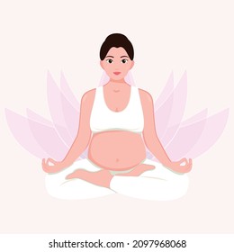 Pregnant woman doing yoga pose, lotus pose,Pregnant yoga fitness concept. Wellness and healthy lifestyle in pregnance. Woman expecting a baby doing yoga exercises. Landing page illustration