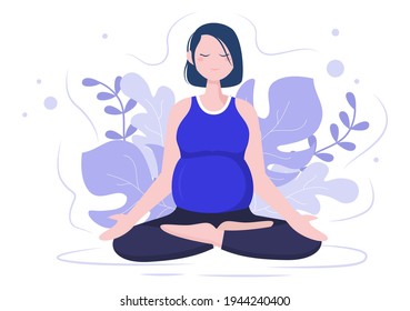 Pregnant Woman Doing Yoga Poses With Relaxing, Meditation, Balance Exercises and Stretching. Flat Design Vector Illustration
