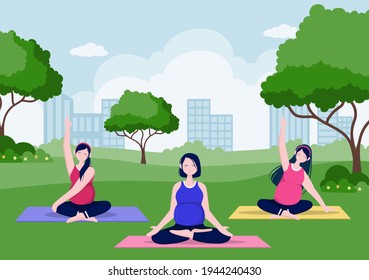 Pregnant Woman Doing Yoga Poses With Relaxing, Meditation, Balance Exercises and Stretching. Flat Design Vector Illustration